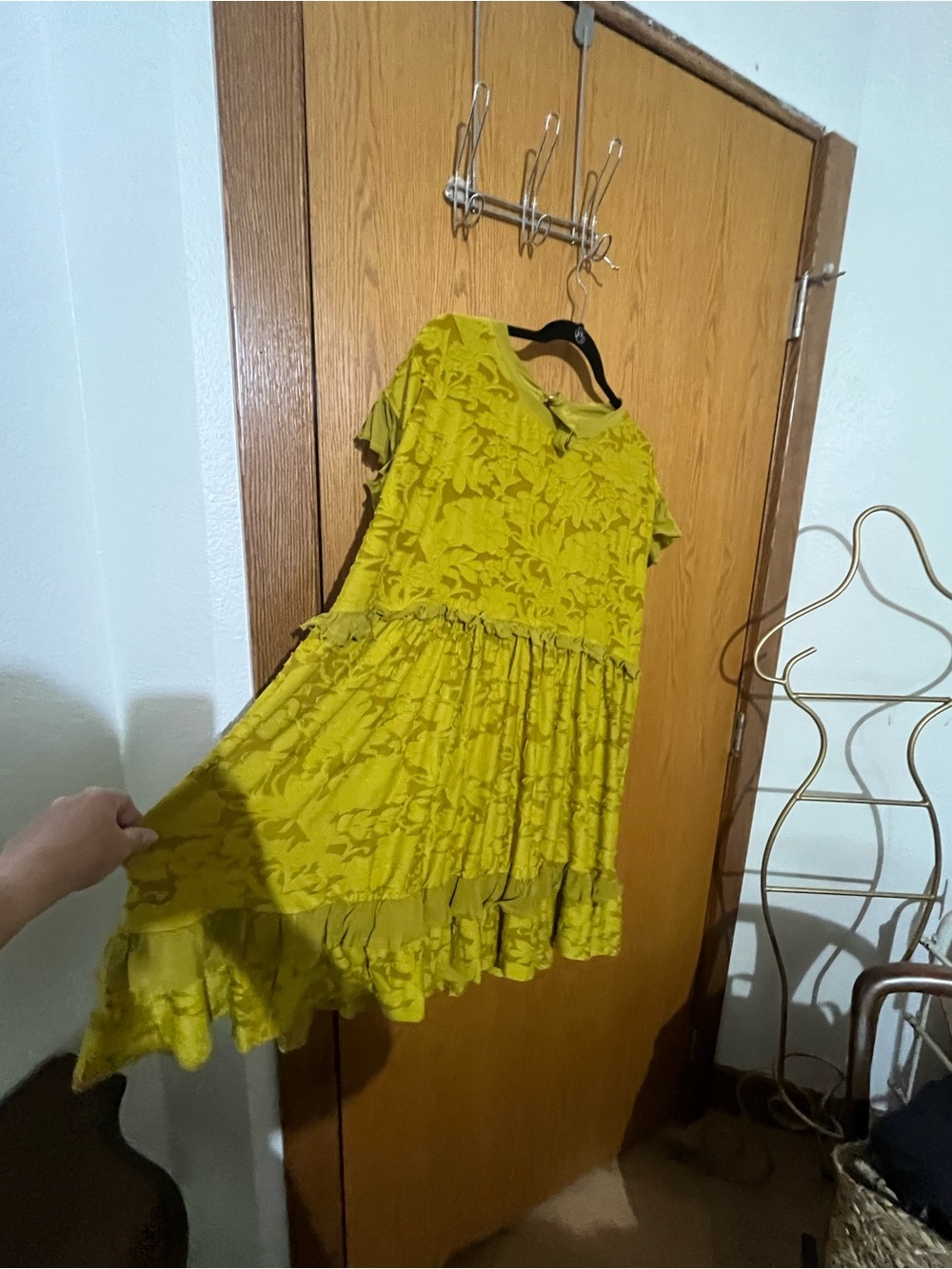 Anthropologie Chartreuse Ruffled Short Sleeve Dress - Picture 4 of 7